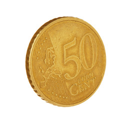 Fifty euro cent coin on white background