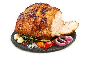 Baked spicy pork neck, roasted meat, close-up, isolated on white background