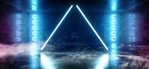 Smoke Triangle Shaped Neon Glowing Blue Vibrant Virtual Reality Cyber Dark Empty Grunge Reflection Concrete Hall Room Stage Lights Sci Fi Futuristic Podium Club 3D Rendering