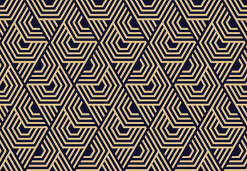Abstract geometric pattern with stripes, lines. Seamless vector background. Dark blue and gold ornament. Simple lattice graphic design