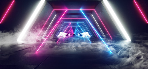 Smoke Sci Fi Neon Glowing Purple Blue Vibrant Virtual Reality Cyber Laser Show Stage Long Concrete Triangle Tunnel Corridor Underground Garage Hall Structure Metal Ship 3D Rendering