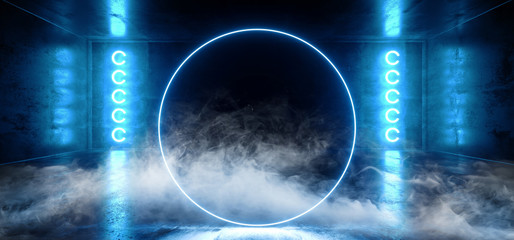 Smoke Circle Shaped Neon Glowing Blue Vibrant Virtual Reality Cyber Dark Empty Grunge Reflection Concrete Hall Room Stage Lights Sci Fi Futuristic Podium Club 3D Rendering