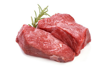 Raw ribeye beef steak with rosemary, sliced fresh meat, close-up, isolated on white background