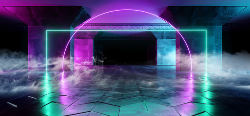 Smoke Sci Fi Neon Glowing Purple Blue Vibrant Virtual Reality Cyber Laser Show Stage Long Concrete Tunnel Corridor Underground Garage Hall Structure Metal Ship 3D Rendering