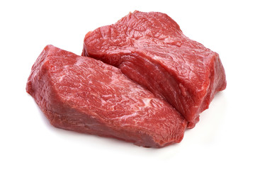 Raw ribeye beef steak, sliced fresh meat, close-up, isolated on white background