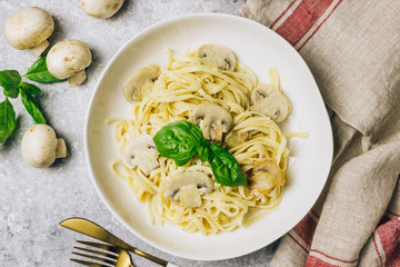 Pasta fettuccine with mushrooms and creamy cheese sauce