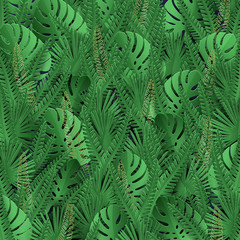 Tropical background with jungle plants and golden leaves shapes