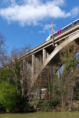 Fototapeta na wymiar Railway bridge on Marne river and ile aux loup island in Paris suburb