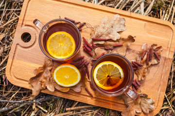 Red tea with lemon in glass mugs on the nature.
