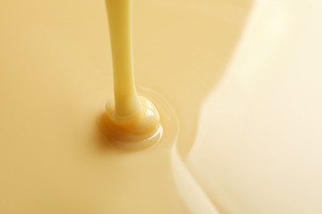 Tasty pouring condensed milk as background, space for text. Dairy product
