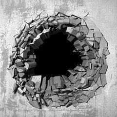 Dark cracked broken hole in concrete wall