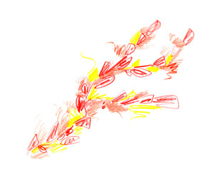 Abstract diagonal sloppy pattern with red flowers, a branch and yellow leaves, drawn by hand with colored pencils isolated on a white background.
