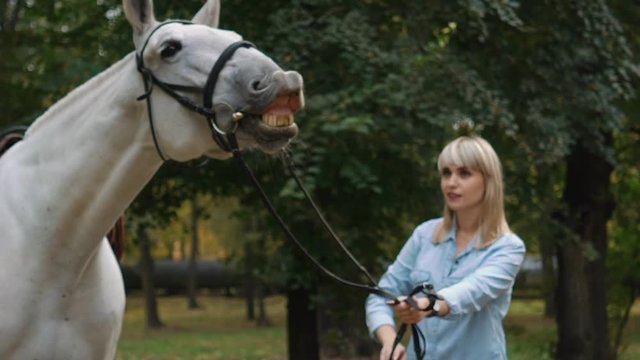 Slow Motion Tilt Girl With Her Horse