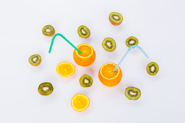 Cheerful friends oranges with tubules on a white background