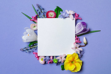 Flat lay composition with spring hyacinth flowers and blank card on color background, space for text