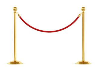 Golden barrier with red rope isolated on white background. Clipping path included. 