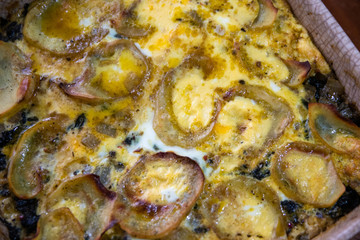 Simply, fast and tasty vegetarian food with potato and spinach in ceramic bowl