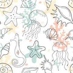 Fototapeta premium Seamless pattern with seashells, corals, jellyfishes, seahorses and starfishes. Marine background. Perfect for greetings, invitations, wrapping paper, textile, wedding and web design.
