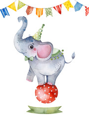 Lovely circus set.Illustration with cute little elephant on the ball,ribbon  and multicolored garlands .Perfect for wedding,invitations,blogs,template card,greeting,Birthday cards and baby shower.
