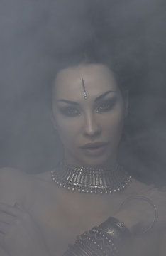 Beautiful Woman Bellydancer with Eastern Makeup and Oriental Jewelry (Indian, Arab, African, Egyptian). Tribal Fusion