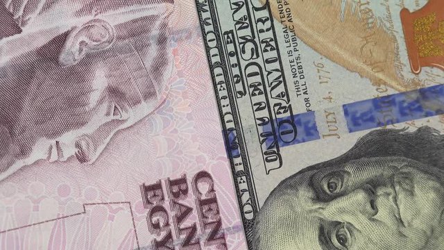Egypt pound against US dollar bill rotating. Egypt and USA trade. 4K stock video footage