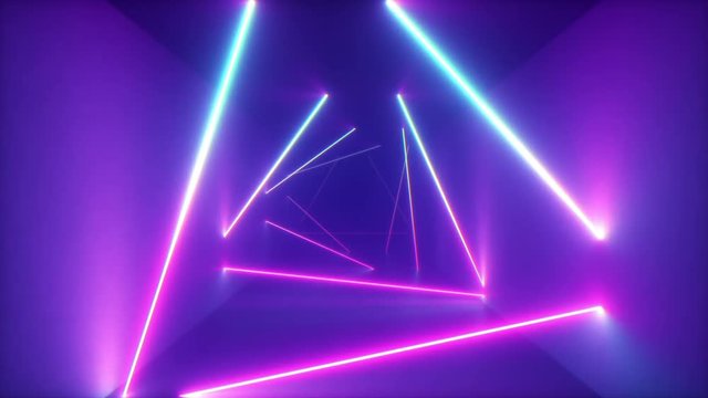 Abstract flying in futuristic corridor with triangles, seamless loop 4k background, fluorescent ultraviolet light, colorful laser neon lines, geometric endless tunnel, blue pink spectrum, 3d render