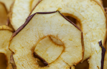 Dried apple chips closeup