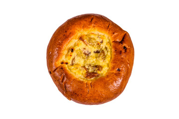 Sweet bun with cottage cheese and raisins isolated on a white background