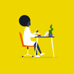 Young black female character eating an asian take away lunch and working on the computer. Modern manager. Workaholic. Millennials at work. Flat editable vector illustration, clip art