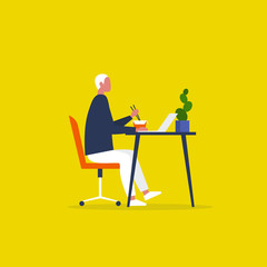 Young male character eating an asian take away lunch and working on the computer. Modern manager. Workaholic. Millennials at work. Flat editable vector illustration, clip art