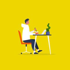 Young male character eating an asian take away lunch and working on the computer. Modern manager. Workaholic. Millennials at work. Flat editable vector illustration, clip art
