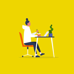 Young female character eating an asian take away lunch and working on the computer. Modern manager. Workaholic. Millennials at work. Flat editable vector illustration, clip art
