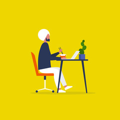Young indian character eating an asian take away lunch and working on the computer. Modern manager. Workaholic. Millennials at work. Flat editable vector illustration, clip art