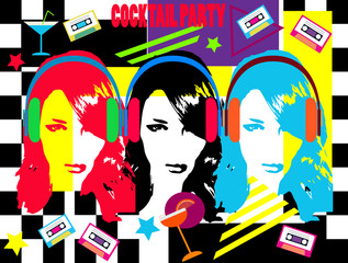 Music coctail party with tree girls, headphones and cassete tape, modern neon colors 