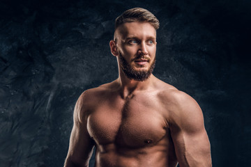 Fototapeta na wymiar Closeup portrait of a shirtless man with the muscular body. Studio photo against dark wall background