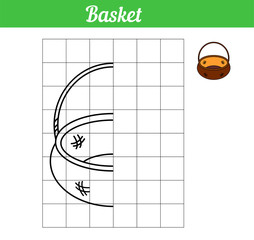 Basket. Vector game copy the picture. Simple coloring book with grid for printing and paint. Illustration easy game for education kids. Contour half object for repeating on sample.