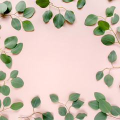 The workspace is decorated with green eucalyptus leaves, floral pattern on a pink background. The apartment lay, top view. Floral frame. Frame of flowers.