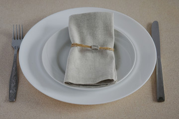 Table setting on wooden rustic dinning table for one person