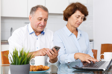 Mature man and woman using smartphone and  working at laptop