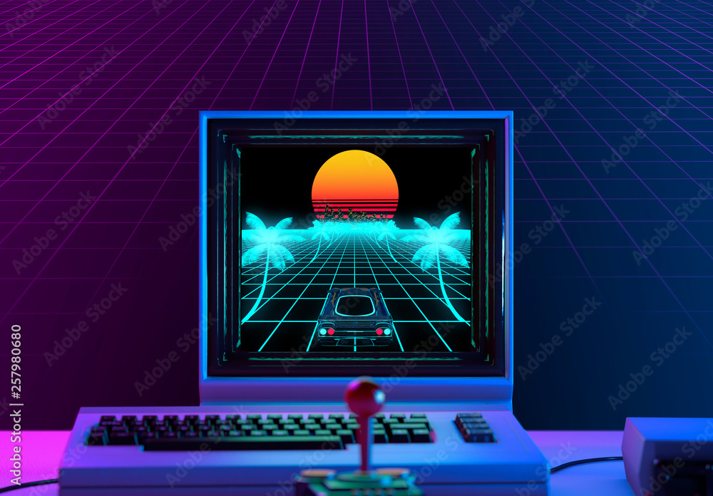 Poster retro game on a 1980's computer in neon blue and violet light - retrowave concept - 3d rendering