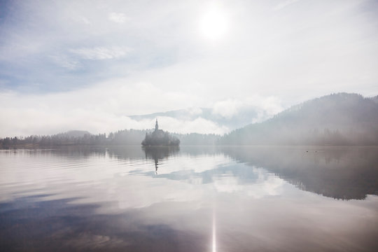 Slovenia, Gorenjska, Bled, Bled lake, Bled island with Church of Mary's Assumption