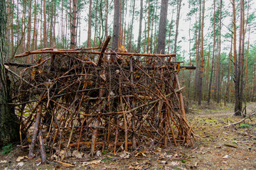  Bushcraft shelter on the hill in forrest builded from wooden forest sticks