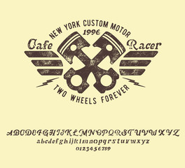 Cafe Racer. Handmade serif font. Vintage typeface. Custom motor. Handmade logo and font. Retro American stile.