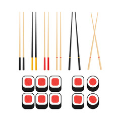 Chopsticks holding sushi roll. concept of snack, sushi, exotic nutrition, sushi restaurant. Vector illustration.