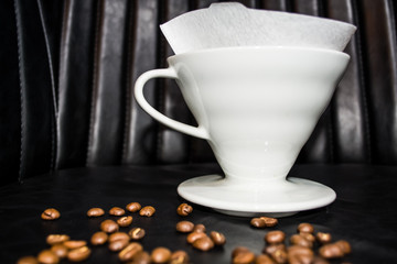 Ceramic funnel for preparation in the alternative. Grain beans. Designed for manual pour-over style coffee brewing. Dripper. V60.