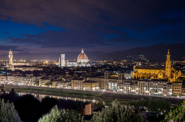 Fototapeta na wymiar Panorama of Florence with Duomo Santa Maria Del Fiore, tower of Palazzo Vecchio at night in Florence, Tuscany, Italy