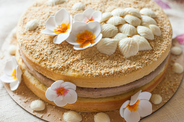 Fototapeta na wymiar Tropical cake: sand cereals, shells chocolate and flowers