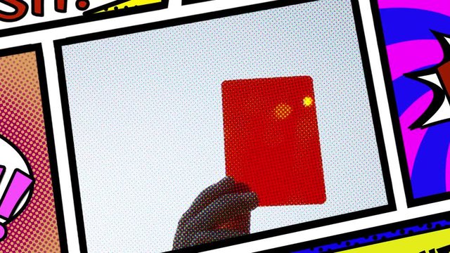 Inside a panel from a comic book page layout: the hand of a referee showing a red card against a clean sky, during a soccer or football match. Sun flares.