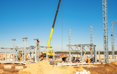 Fototapeta na wymiar Construction of electrical substation and equipment installation