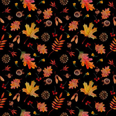 seamless pattern autumn elements leaves cones acorns on black background